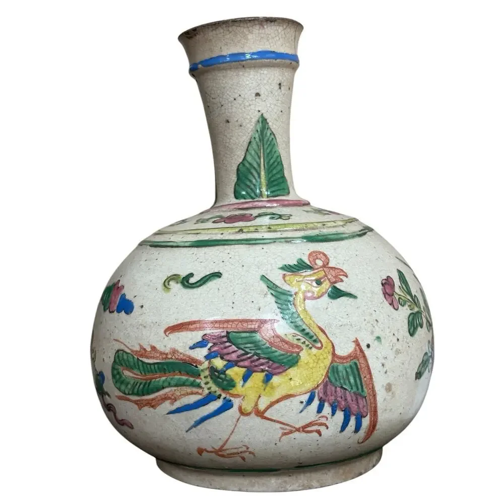 Chinese Phoenix Bottle Vase Crackle Glaze Famille Rose Style Floral Vtg Decor
